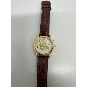 Vtg Armitron Women Tweety Looney Leather Musical Quartz Watch 6 1/2"